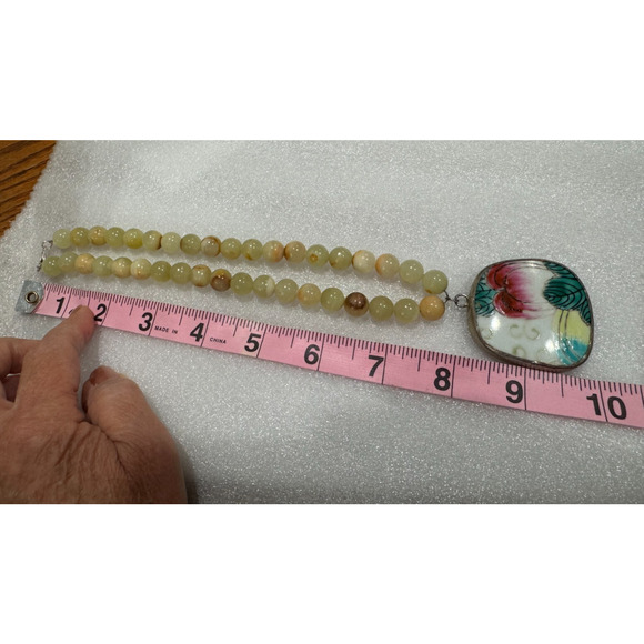 Chinese Porcelain Shard Sterling Square Pendant 20" Beaded Necklace Green Onyx - Picture 5 of 8